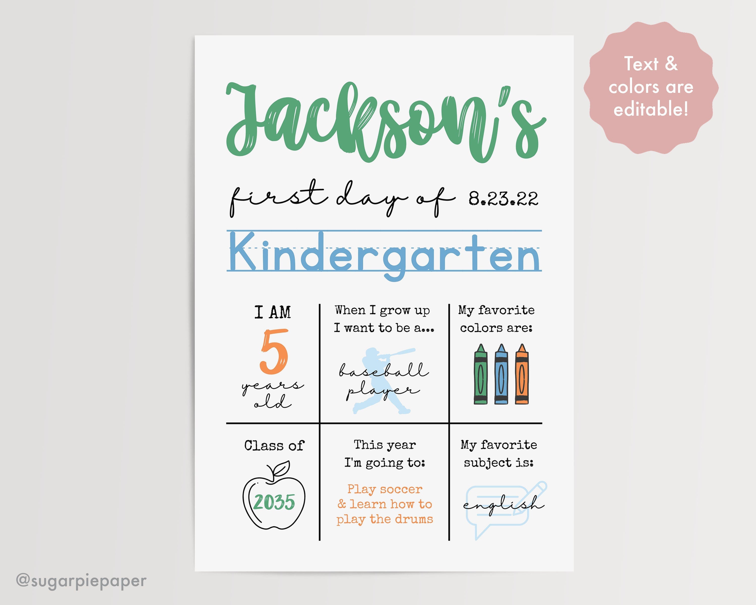 First Day Of Kindergarten Poster 12x16 Sugar Pie Paper first-day-of-kindergarten-poster-12x16-sugar-pie-paper