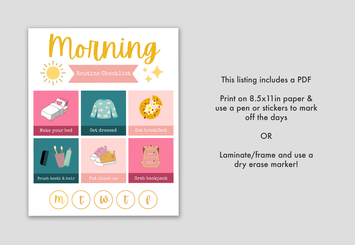 Kids Morning Routine Chart | Pink