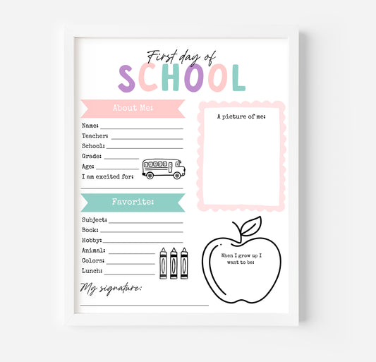 First Day of Elementary School Printable Interview Kids