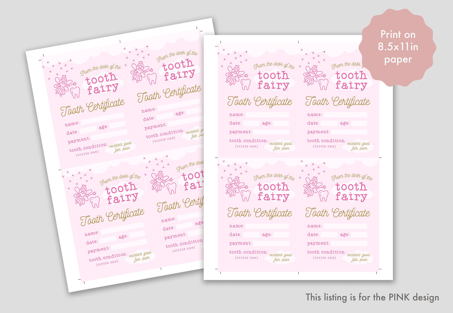 Pink Tooth Fairy Certificate